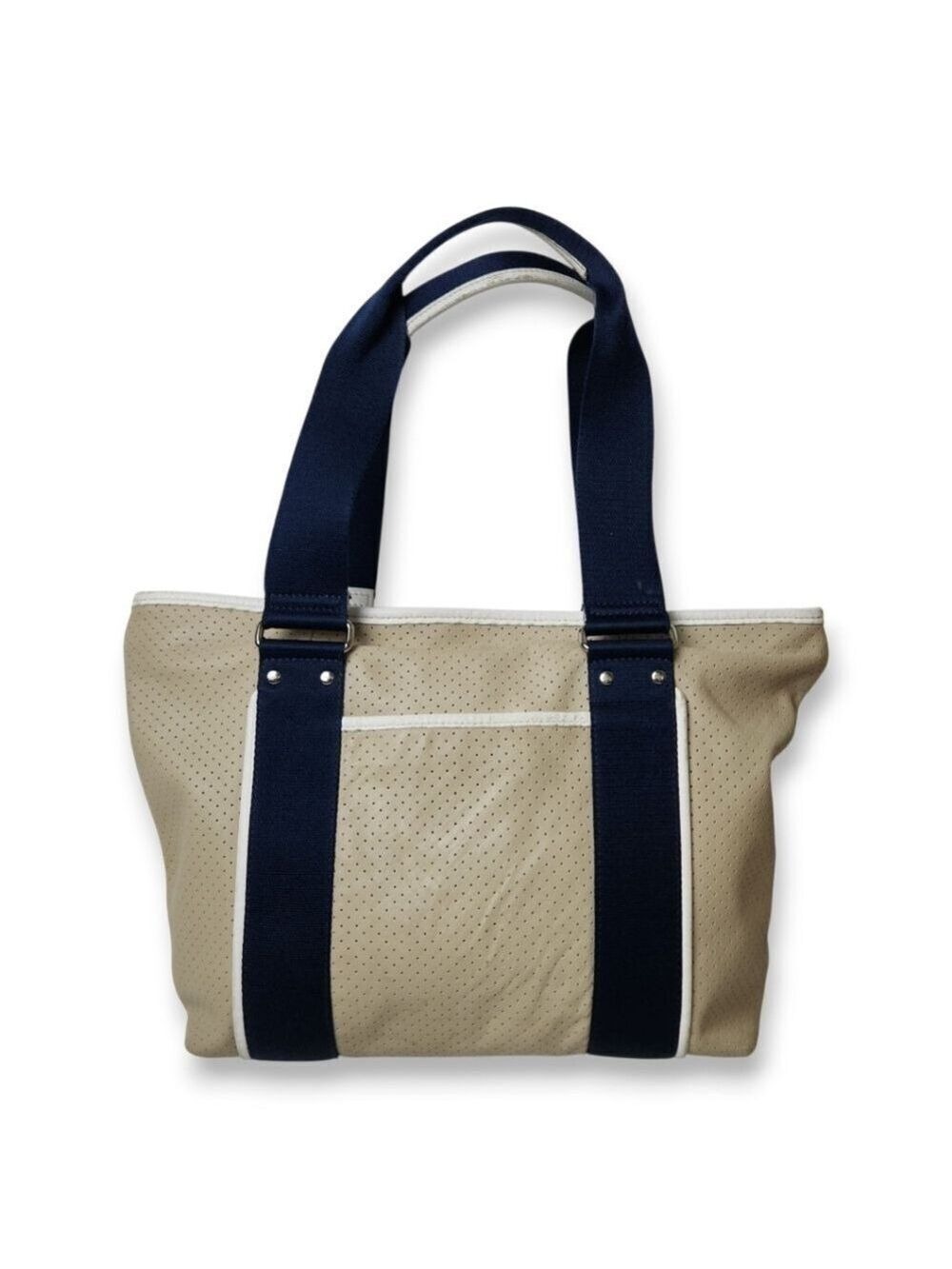 Lacoste Leather Perforated Small Navy And Cream Tote Bag.